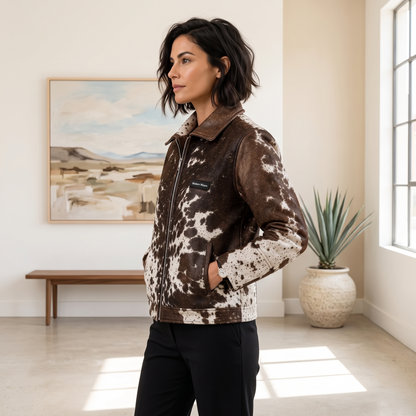 Brown & White Hair-On Cowhide Leather Zip Jacket Genuine Western Outerwear