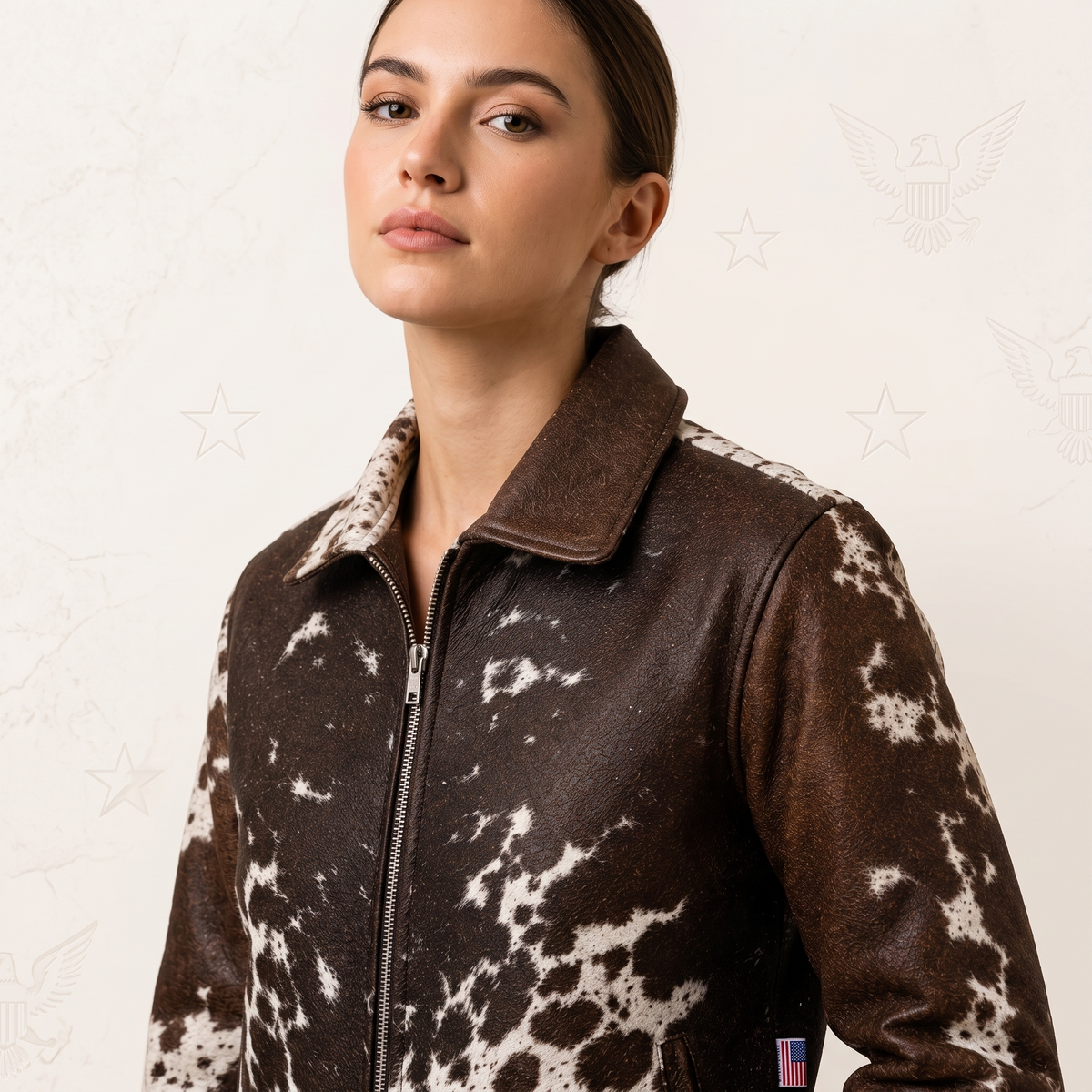 Brown & White Hair-On Cowhide Leather Zip Jacket Genuine Western Outerwear