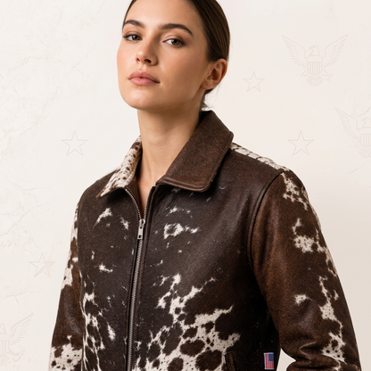 Brown & White Hair-On Cowhide Leather Zip Jacket Genuine Western Outerwear