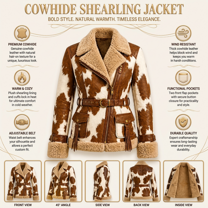 Genuine Leather Cow-Print Shearling-Lined Belted Aviator Jacket For Men And Women