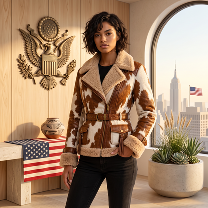 Genuine Leather Cow-Print Shearling-Lined Belted Aviator Jacket For Men And Women