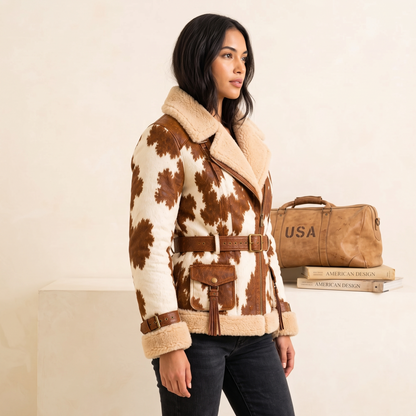 Genuine Leather Cow-Print Shearling-Lined Belted Aviator Jacket For Men And Women