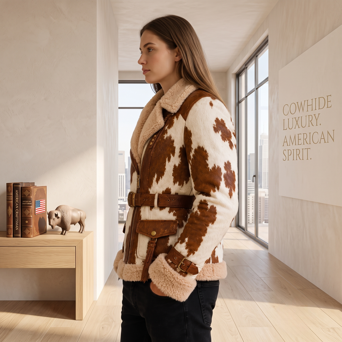 Genuine Leather Cow-Print Shearling-Lined Belted Aviator Jacket For Men And Women