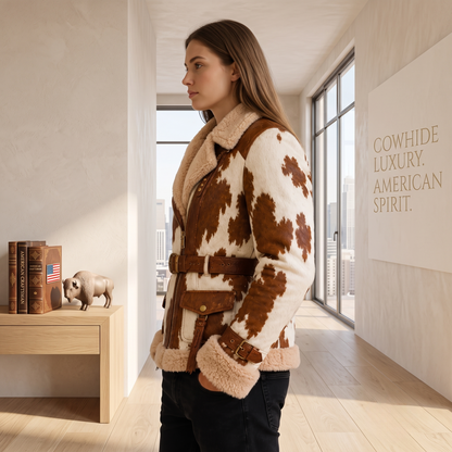 Genuine Leather Cow-Print Shearling-Lined Belted Aviator Jacket For Men And Women