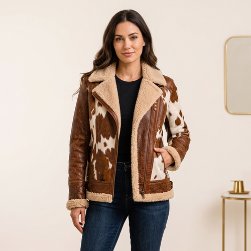 Genuine Leather Cow-Print Shearling-Lined Belted Aviator Jacket For Men And Women