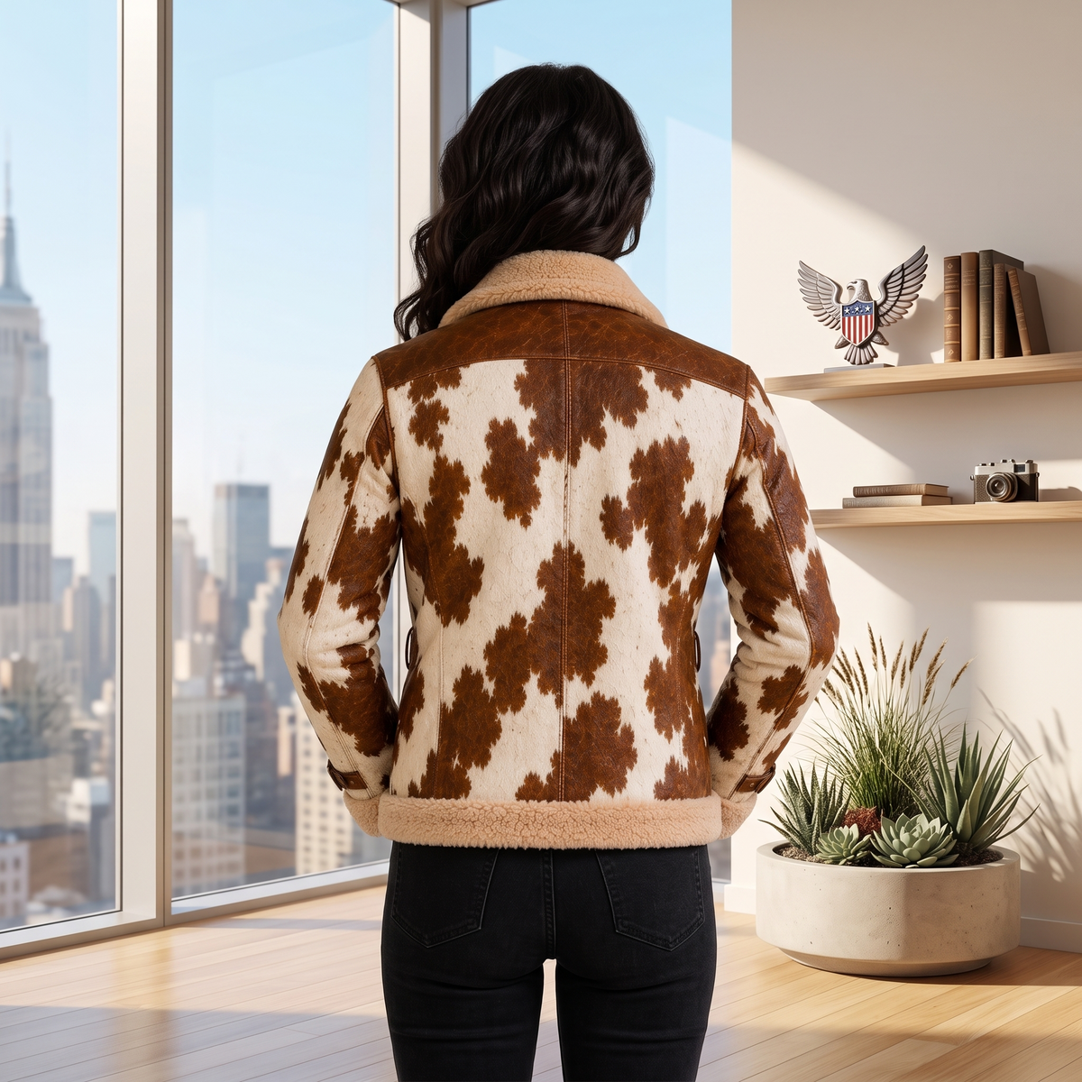 Genuine Leather Cow-Print Shearling-Lined Belted Aviator Jacket For Men And Women