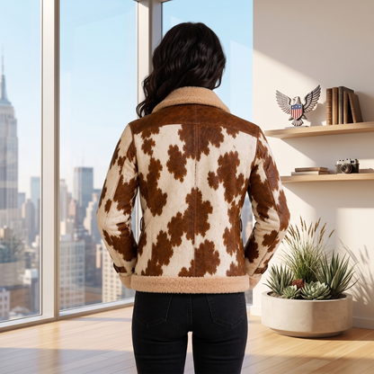 Genuine Leather Cow-Print Shearling-Lined Belted Aviator Jacket For Men And Women