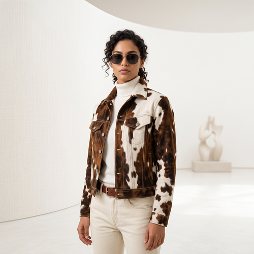 Authentic Hair-On Cowhide Leather Western Jacket Brown And White Men Trucker Style Outerwear