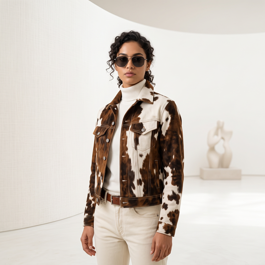 Authentic Hair-On Cowhide Leather Western Jacket Brown And White Men Trucker Style Outerwear