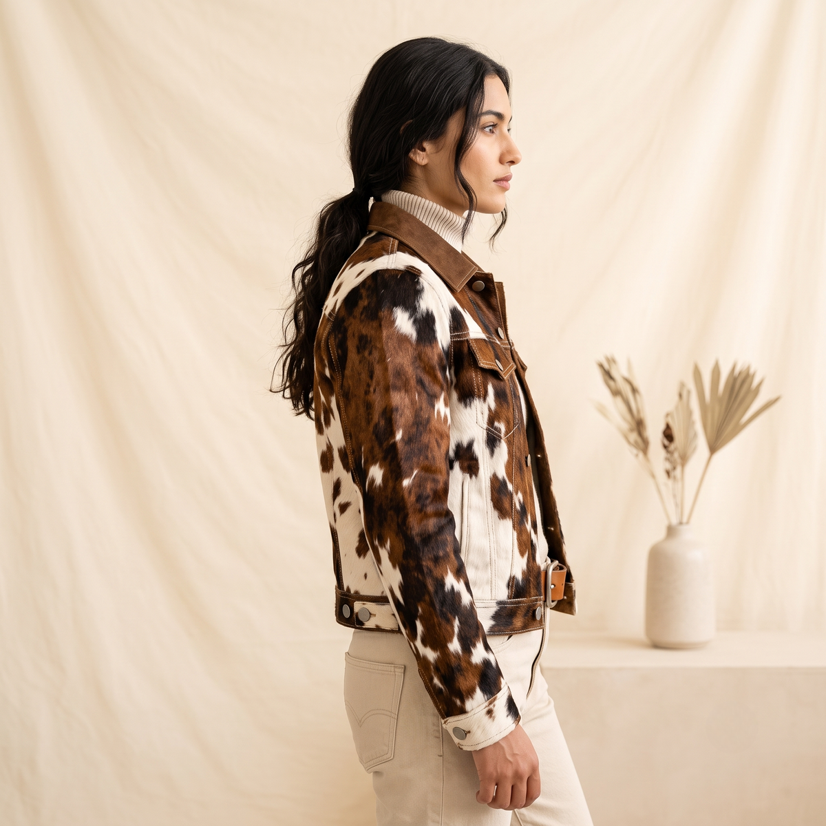 Authentic Hair-On Cowhide Leather Western Jacket Brown And White Men Trucker Style Outerwear