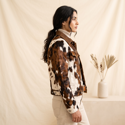 Authentic Hair-On Cowhide Leather Western Jacket Brown And White Men Trucker Style Outerwear
