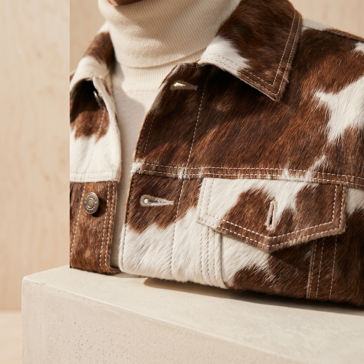 Authentic Hair-On Cowhide Leather Western Jacket Brown And White Men Trucker Style Outerwear