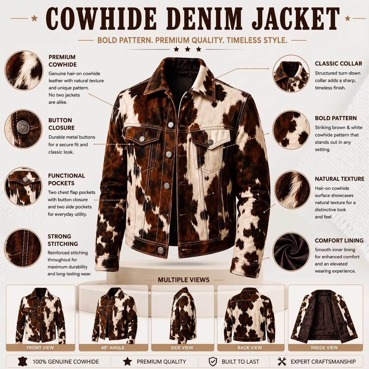 Authentic Hair-On Cowhide Leather Western Jacket Brown And White Men Trucker Style Outerwear
