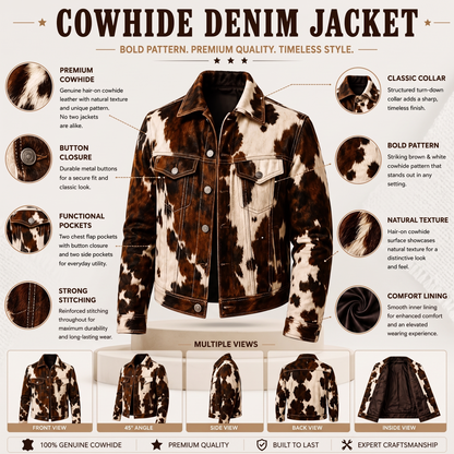 Authentic Hair-On Cowhide Leather Western Jacket Brown And White Men Trucker Style Outerwear
