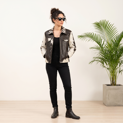 Black & White Hair-On Cowhide Leather Moto Jacket