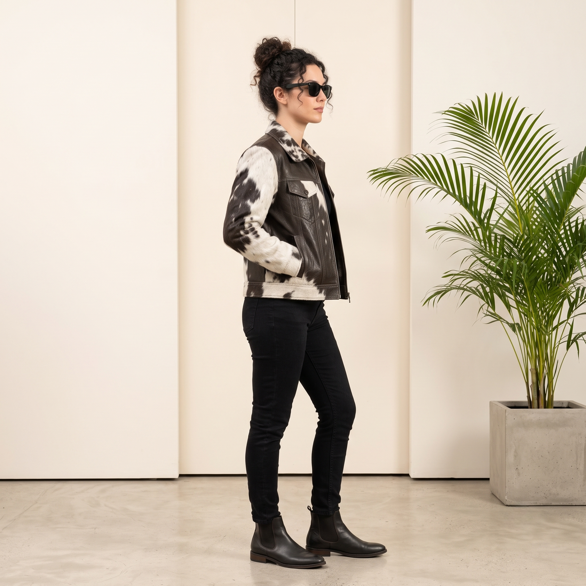 Black & White Hair-On Cowhide Leather Moto Jacket