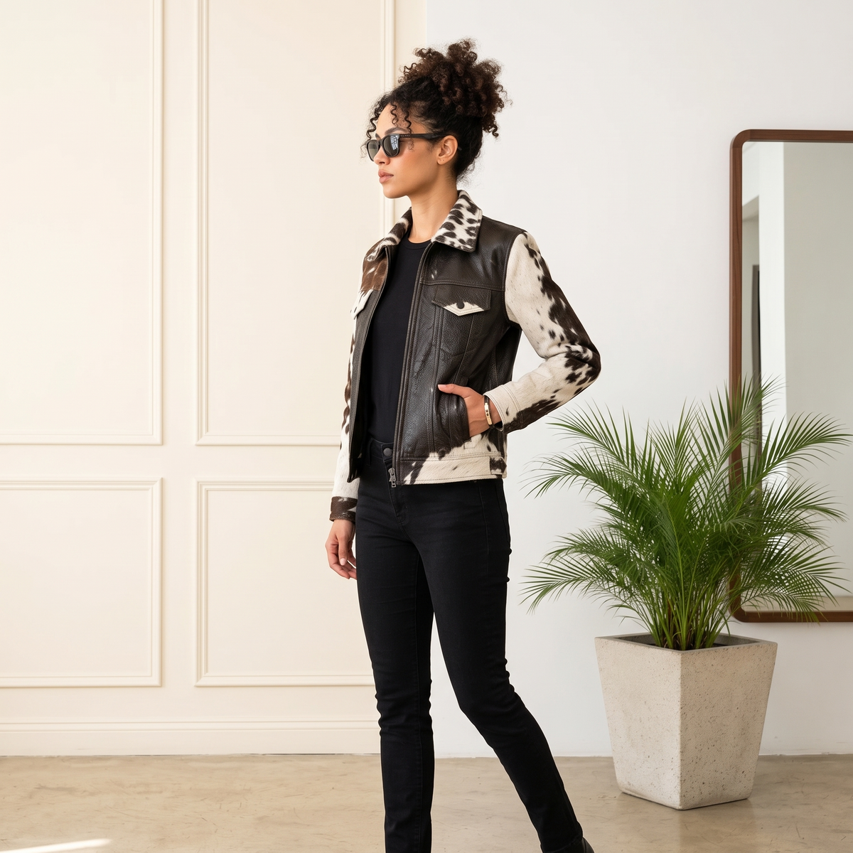 Black & White Hair-On Cowhide Leather Moto Jacket