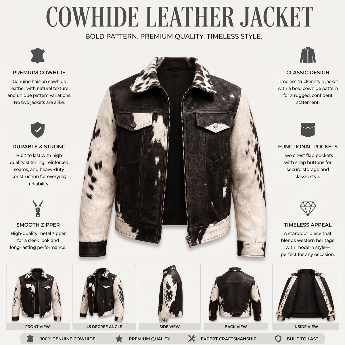Black & White Hair-On Cowhide Leather Moto Jacket