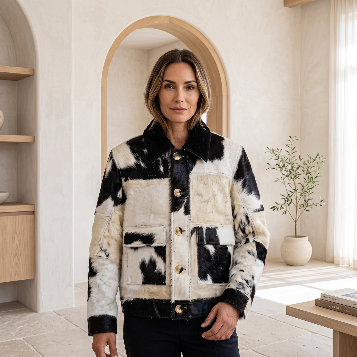 Brown & White Hair-on Cowhide Double-Breasted Trench Jacket