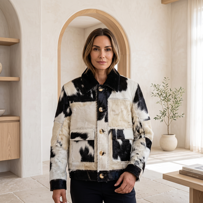 Brown & White Hair-on Cowhide Double-Breasted Trench Jacket