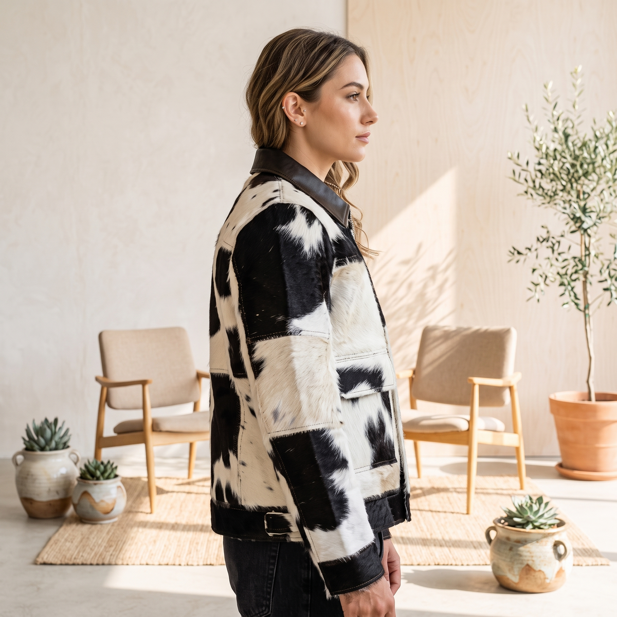 Brown & White Hair-on Cowhide Double-Breasted Trench Jacket