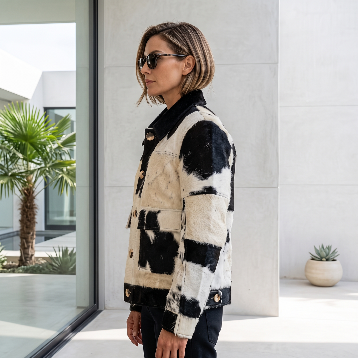 Brown & White Hair-on Cowhide Double-Breasted Trench Jacket