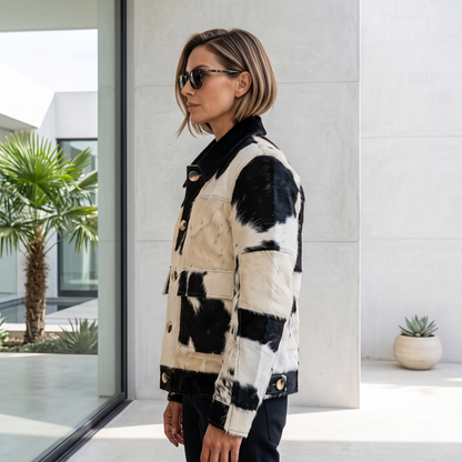 Brown & White Hair-on Cowhide Double-Breasted Trench Jacket