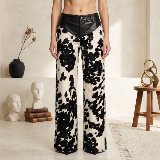Black & White Cow-Print Wide-Leg Pants with Genuine Leather Waist