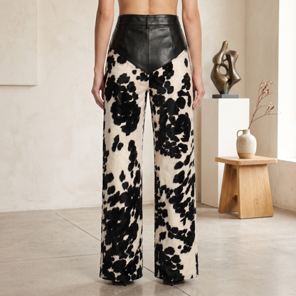 Black & White Cow-Print Wide-Leg Pants with Genuine Leather Waist