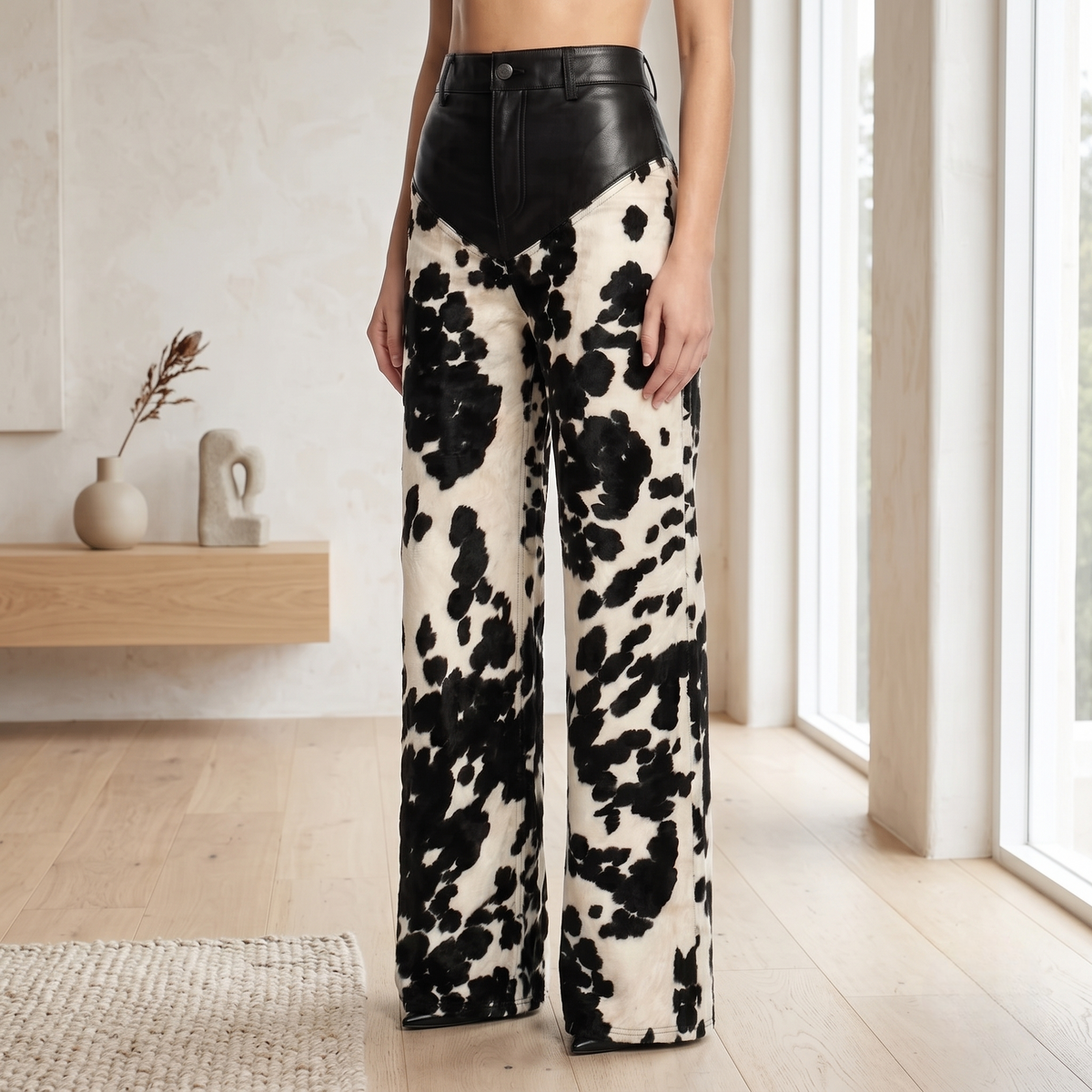 Black & White Cow-Print Wide-Leg Pants with Genuine Leather Waist