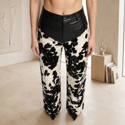 Black & White Cow-Print Wide-Leg Pants with Genuine Leather Waist