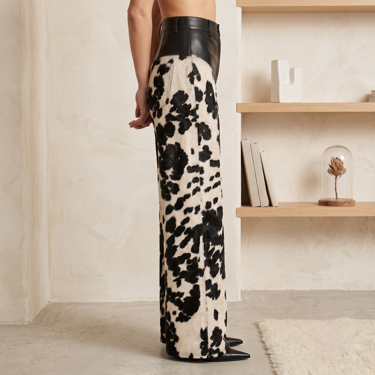 Black & White Cow-Print Wide-Leg Pants with Genuine Leather Waist