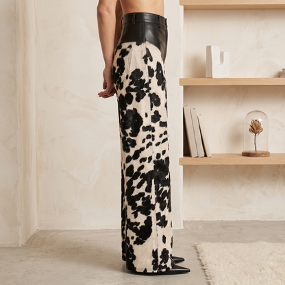Black & White Cow-Print Wide-Leg Pants with Genuine Leather Waist
