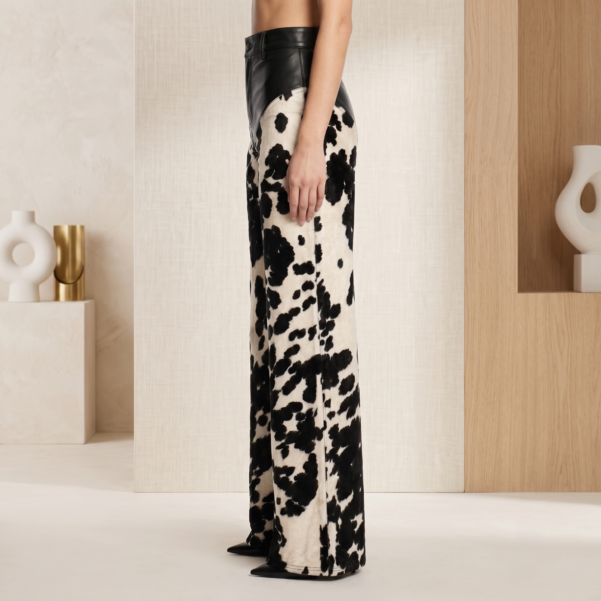 Black & White Cow-Print Wide-Leg Pants with Genuine Leather Waist