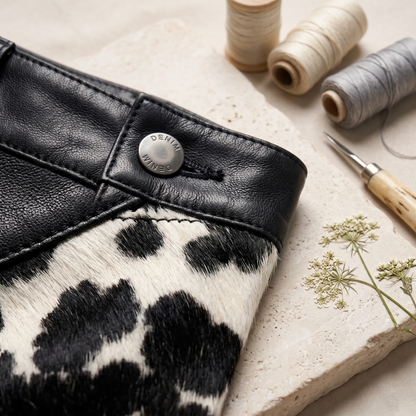 Black & White Cow-Print Wide-Leg Pants with Genuine Leather Waist