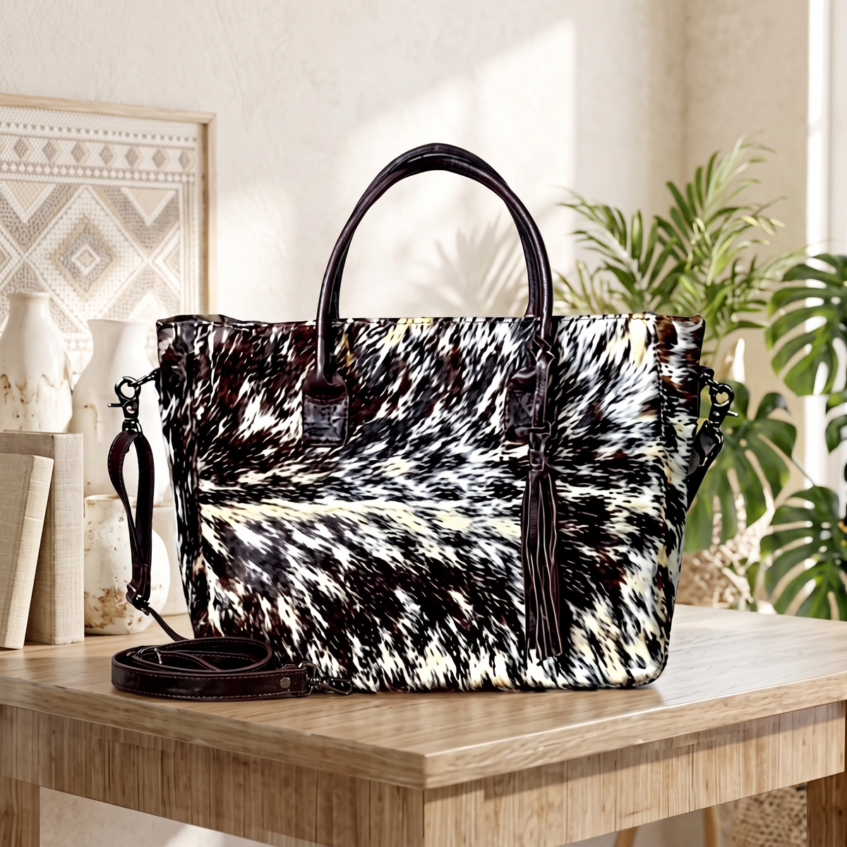 Natural Black & White Speckled Hair-On Cowhide Leather Tote Bag