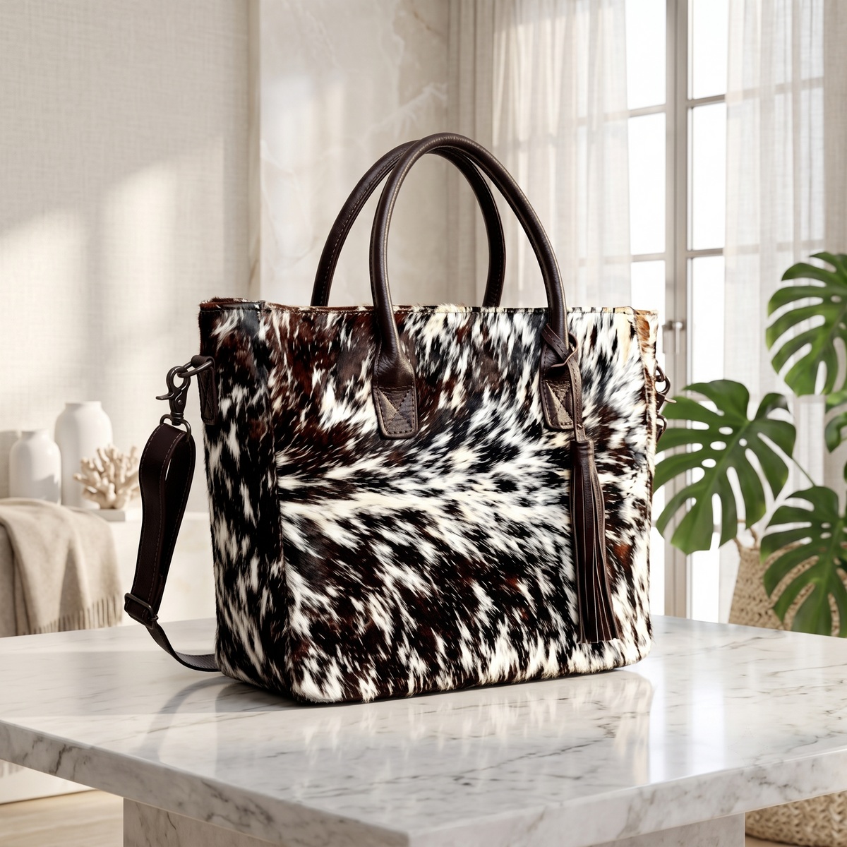Natural Black & White Speckled Hair-On Cowhide Leather Tote Bag