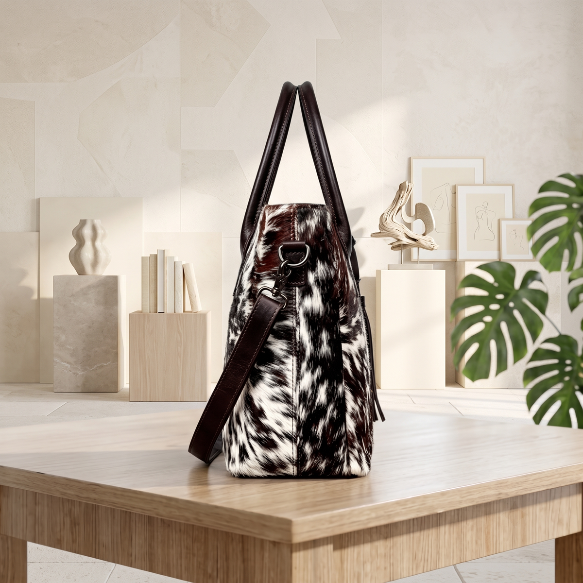 Natural Black & White Speckled Hair-On Cowhide Leather Tote Bag