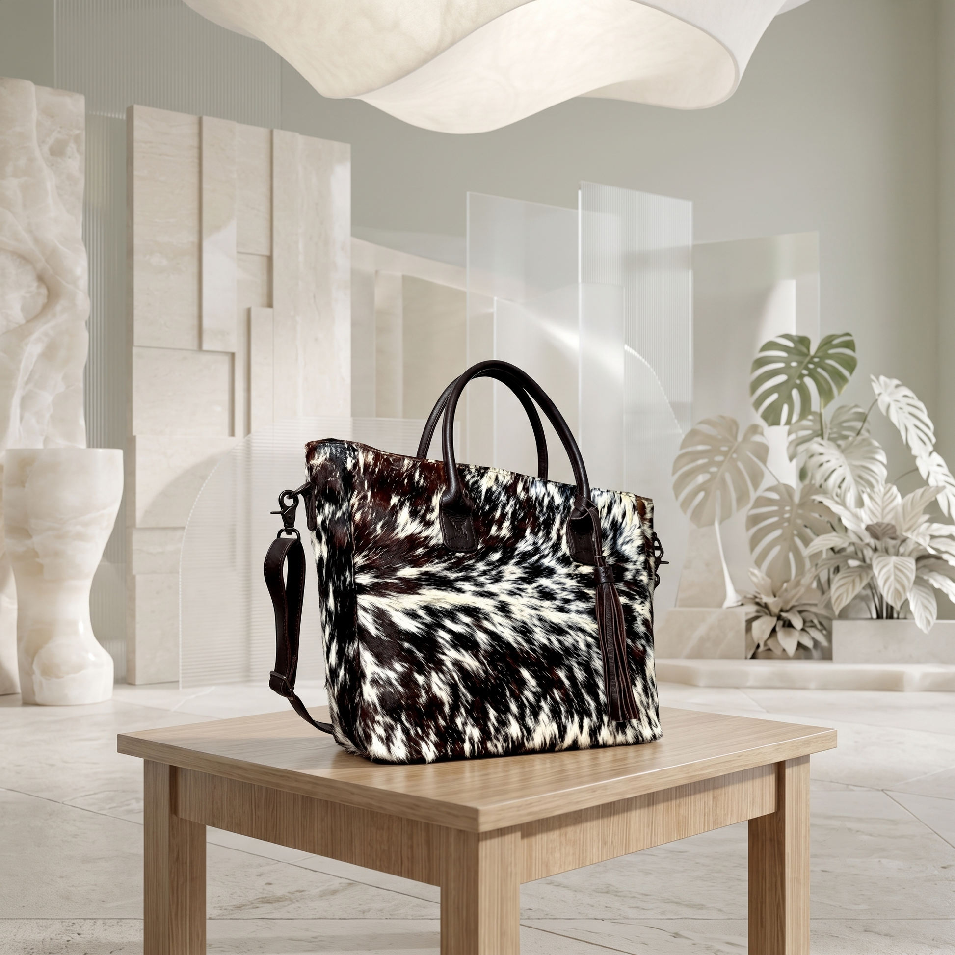 Natural Black & White Speckled Hair-On Cowhide Leather Tote Bag
