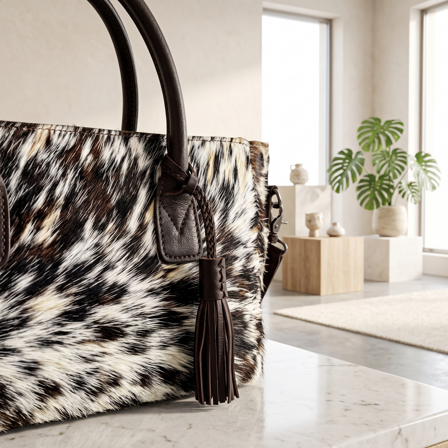 Natural Black & White Speckled Hair-On Cowhide Leather Tote Bag