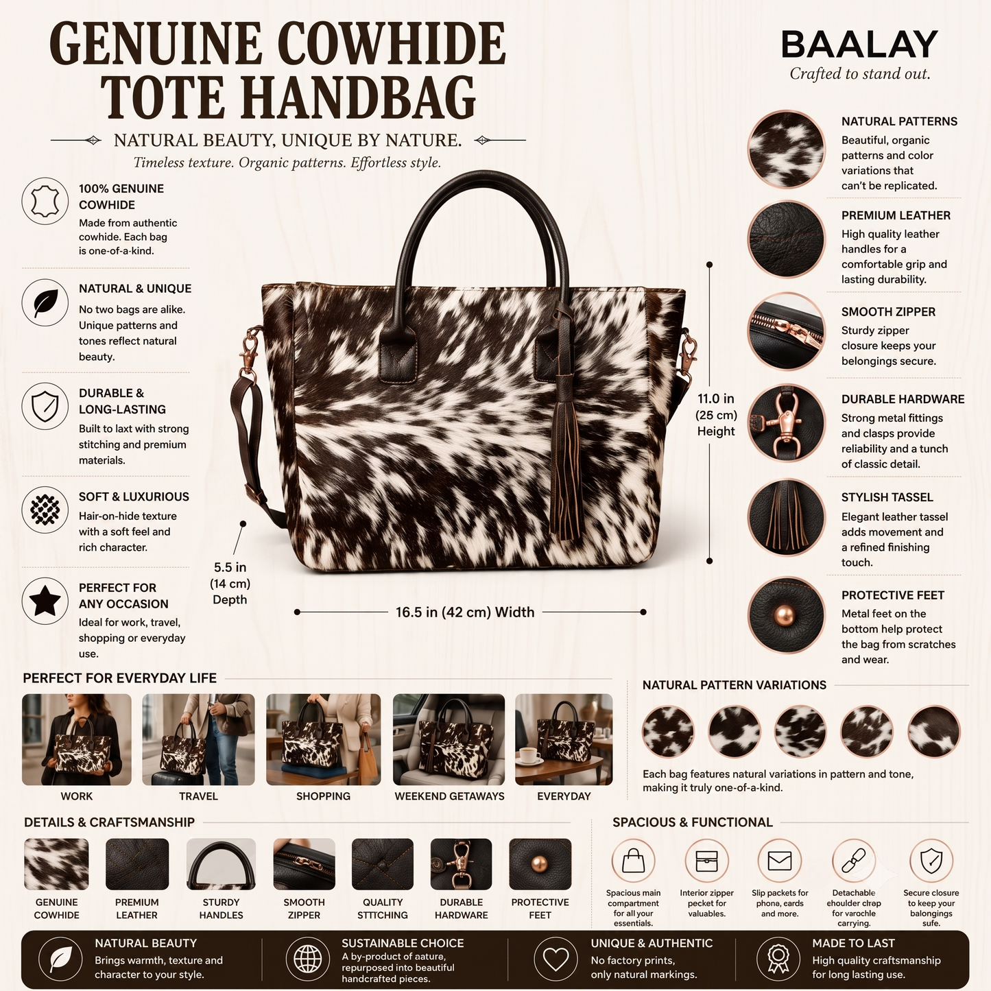 Natural Black & White Speckled Hair-On Cowhide Leather Tote Bag