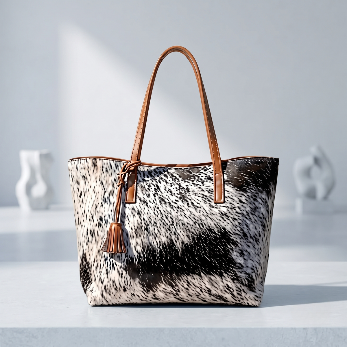 Natural Black & White Speckled Hair-On Cowhide Leather Tote Bag