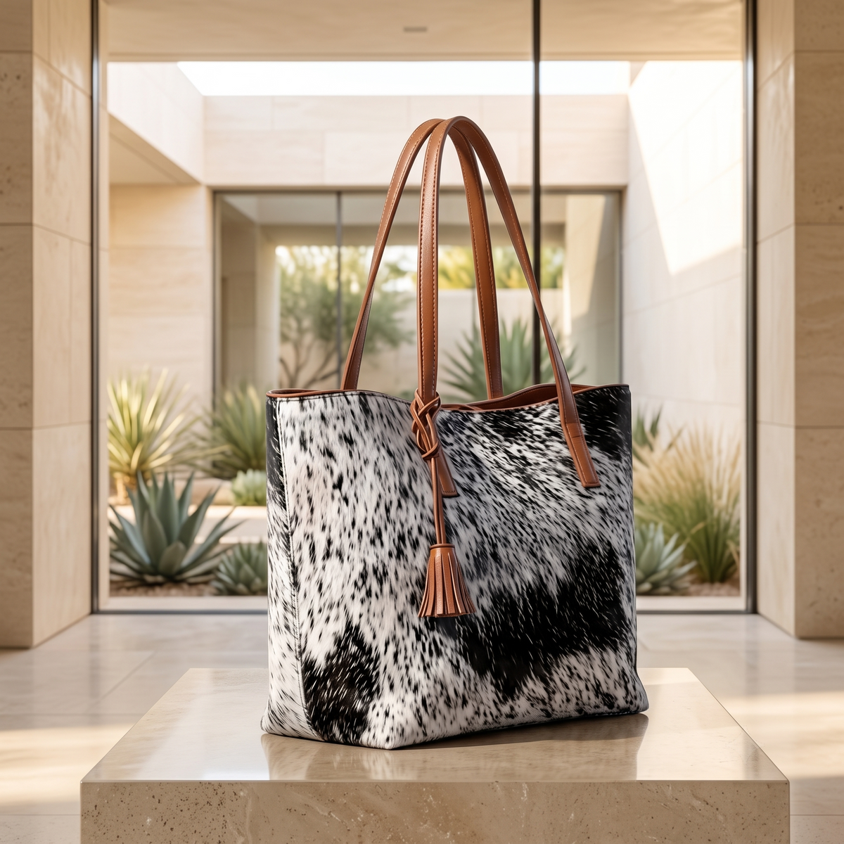 Natural Black & White Speckled Hair-On Cowhide Leather Tote Bag
