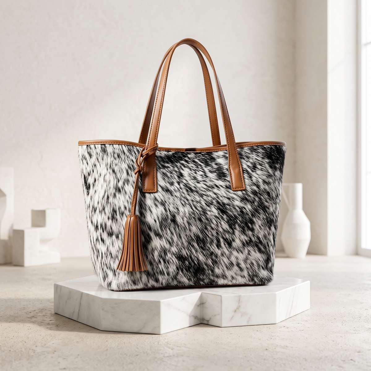 Natural Black & White Speckled Hair-On Cowhide Leather Tote Bag
