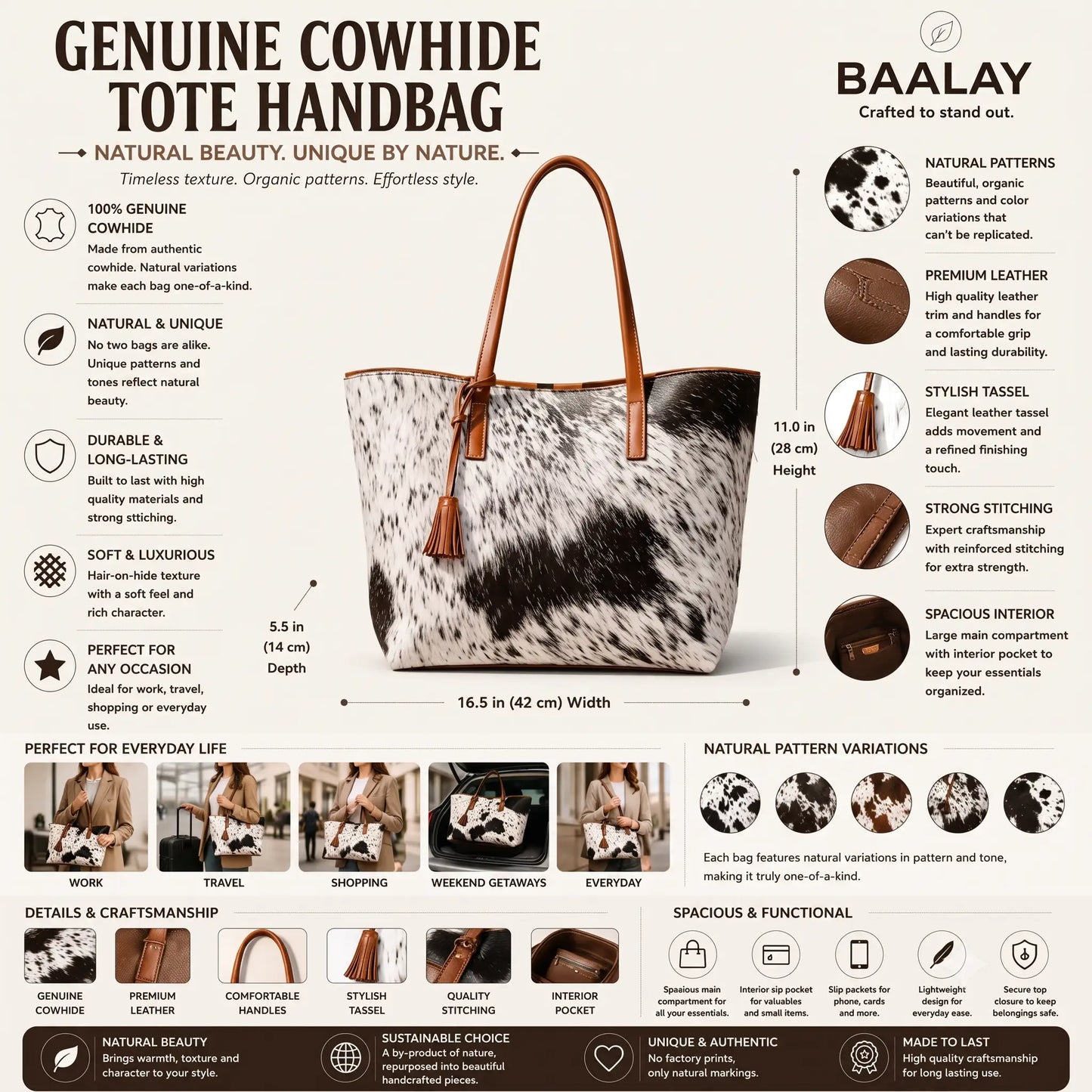 Natural Black & White Speckled Hair-On Cowhide Leather Tote Bag