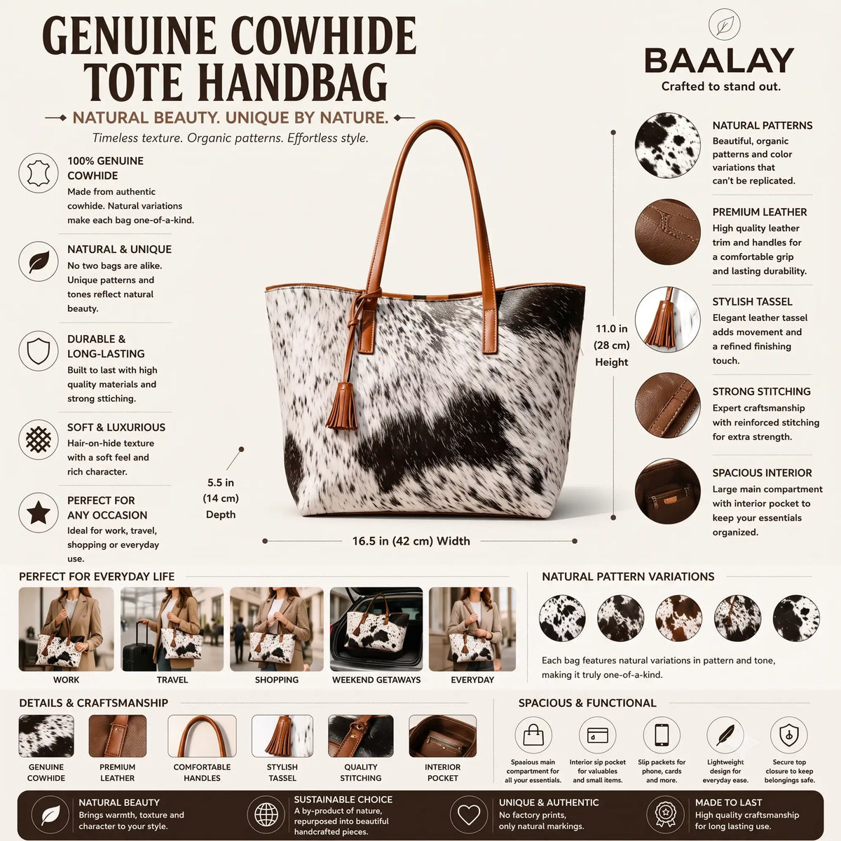 Natural Black & White Speckled Hair-On Cowhide Leather Tote Bag
