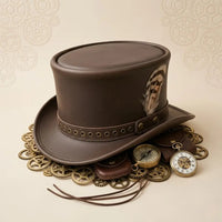 Brown Leather Victorian Top Hat – Steampunk Festival & Cosplay Headwear