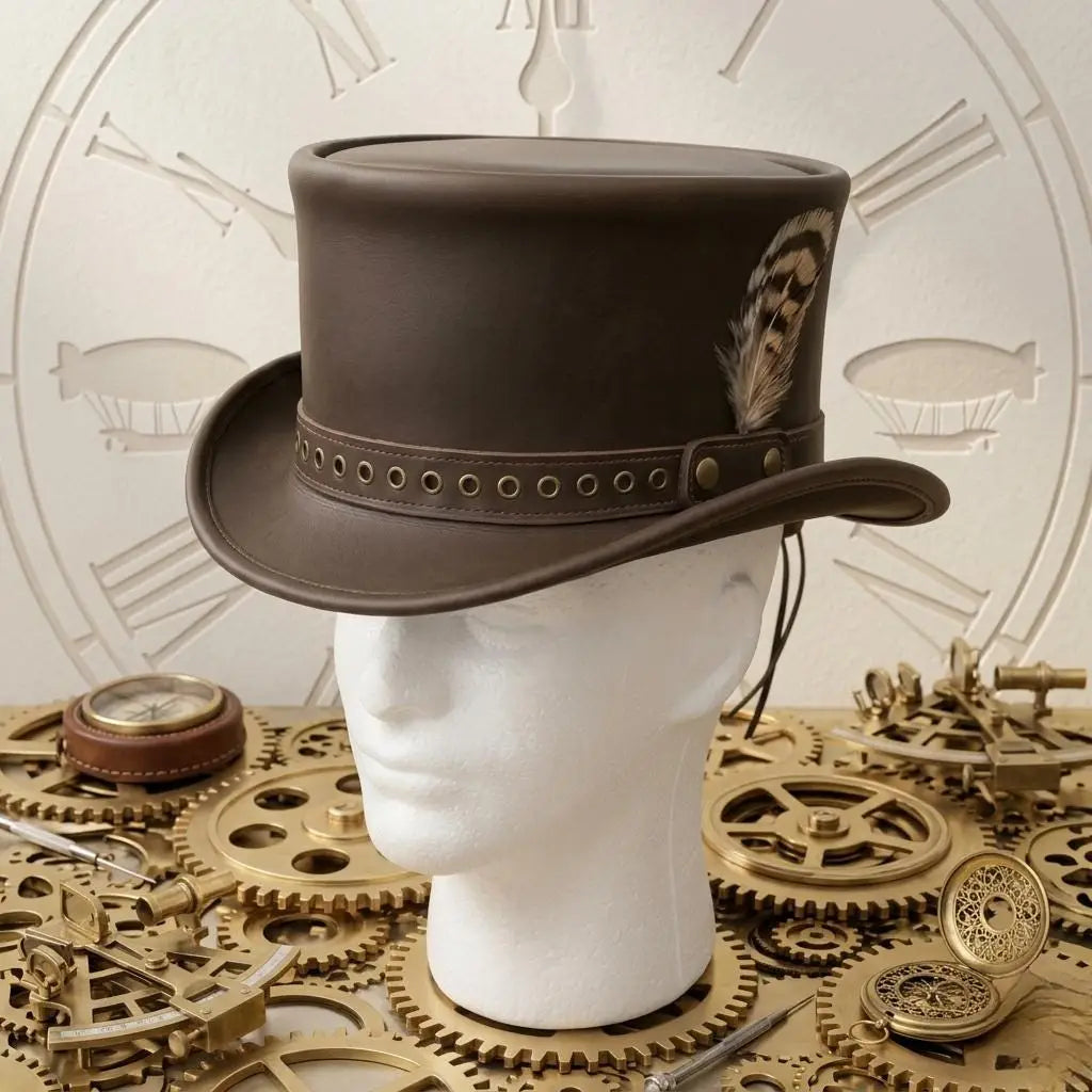 Brown Leather Victorian Top Hat – Steampunk Festival & Cosplay Headwear