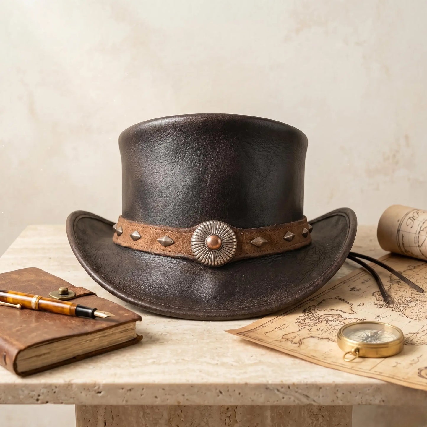 Handmade Black Leather Western Top Hat