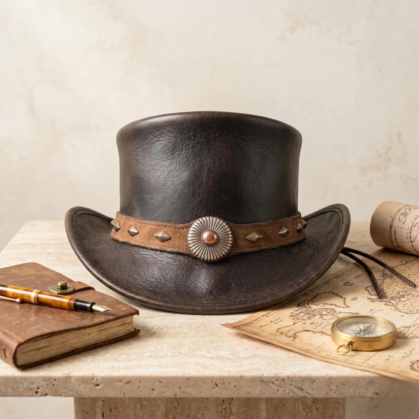Handmade Black Leather Western Top Hat